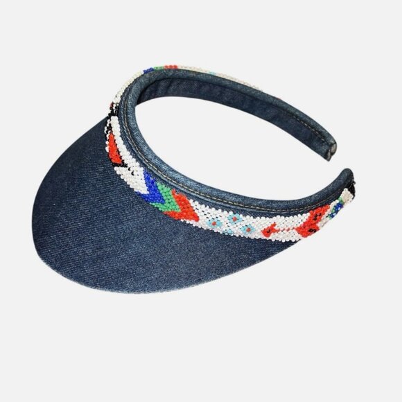 Vintage Denim Beaded Visor Hat – Boho Festival Y2K Retro Southwestern Chic - Picture 1 of 7